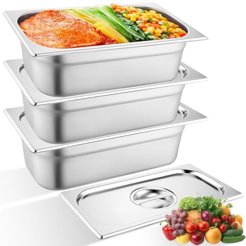 3 Pezzi Contenitori Acciaio Inox con Coperchio, Teglia Forno Rettangolare Facile Pulire, Contenitore Alimenti 1/3 Robusto, Vassoio Tavolo Per Piatti, Torte, Cibo, Cotoletta, Pesce (32.5 x17.5 x 6.5cm)
