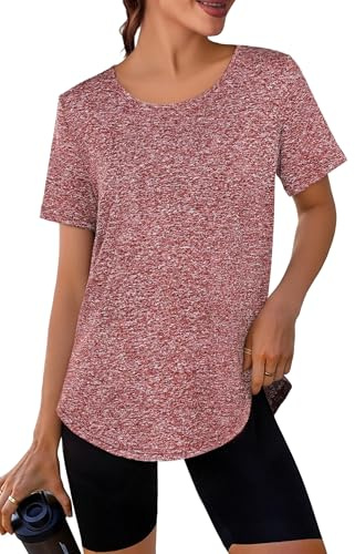 Crewhpo Tee Shirt Sport Femme Dos en Mesh T-Shirts de Sport à Manches Courtes Haut Running Sechage Rapide Tshirt de Yoga Léger Tops Sport Col Rond Vin Rouge L