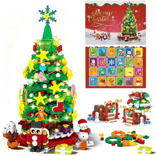Calendario de Adviento 2025 Set de bloques de construcción con árbol de Navidad, 571 piezas Kit de cuenta atrás con tren de renos de Papá Noel, decoración festiva creativa e idea de. (571PCS)