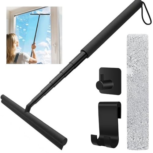 GAESHOW Limpiacristales para ducha extensible 30-140 cm, 2 en 1, tira de agua de ducha de silicona, con mango telescópico y rasqueta de microfibra, para limpiar cristales, ventanas y espejos (negro)