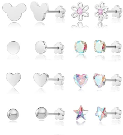 8 par titanörhängen barn flickor, söta medicinska örhängen allergivänliga guld silver flatback örhängen för spädbarn kvinnor hjärta blomma skruvlock örhängen