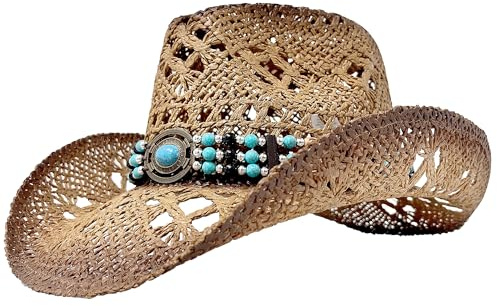 Wildarms Sombrero Cowboy de Paja para Hombre, Sombrero Vaquero Transpirable Estilo Western para Verano, Feria, Festival, Campo y Exterior, Tallas 58 cm y 61 cm