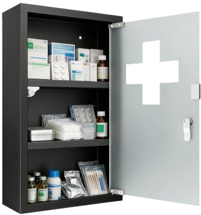 FIVMEN Armario medicinal de acero inoxidable colgante armario farmacéutico con cerradura, almacenamiento de medicamentos con puerta de cristal y 2 llaves, armario de medicamentos 30 x 12 x 50 cm