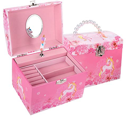 TAOPU Boîte à Bijoux Musicale avec Poignée en Perle et Boîte à Musique Mignonne Petit Poney en Rotation Boîte de Rangement de Bijoux pour Filles
