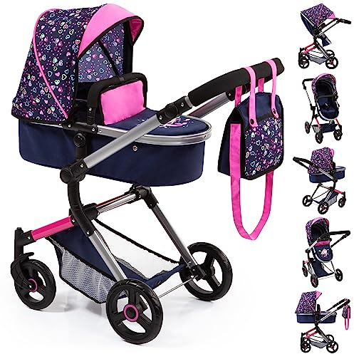 Bayer Design 18417AA Kombi Puppenwagen Neo Vario mit Wickeltasche und Einkaufskorb, umwandelbar in einen Sportwagen, höhenverstellbar, modern, blau, pink mit modernem Herzenmuster, Meerjungfrau, 52cm