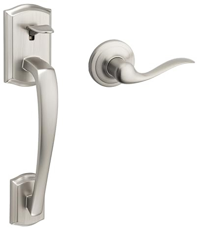Kwikset 98150-013 Prescott Front Door Handle with Interior Tustin Lever Featuring Microban Antimicrobial Protection, Does Not Include Deadbolt, Satin Nickel