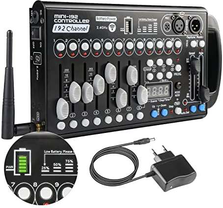 Batteria Dmx Controller Wireless Centralina Dmx 192 Canali, Centralina Luci Dmx 512 Controller Mixer Luci Dmx512 Console per Luci da Palco, Stage Light Board dj Lighting Mixer per Teste Mobili Luci