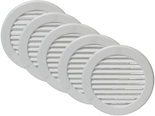 Vent Systems Griglia di ventilazione da 100 mm - 5 pezzi - Copertura bianca per tubo di ventilazione con attacco circolare – Feritoie di ventilazione con zanzariera, Griglia HVAC, interni - esterni