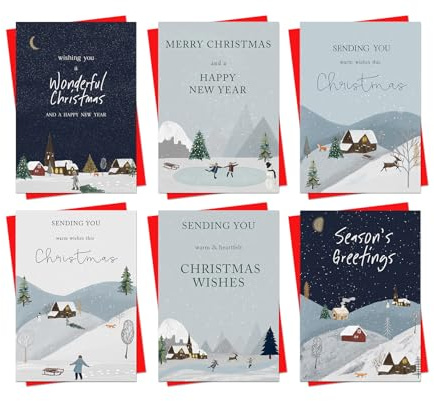 Christmas Cards Boxed | 30 Pack Xmas Cards Multipack | Multipack Christmas Card 6 Unique Whimsical Designs Festive Seasons Greetings Traditional Snow Scenes For Friends Family