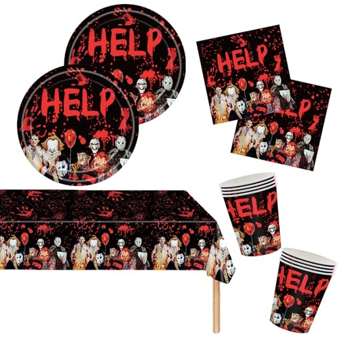 Halloween Tableware Set 53 Pieces - Party Supplies and Decorations with Tablecloth, Cups, Napkins, Plates and Table Decor