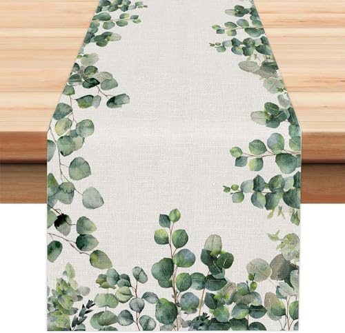 Chemin de Table Vert Eucalyptus Feuilles Printemps Été Décoration de Table Lin Vintage Lavable Printemps Été Cuisine Table Décoration Intérieur Vacances Décor de fête 40 x 140 cm