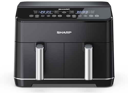 SHARP AF-GD82AE-B Heißluftfritteuse mit 2 Fächern, 2 x 4L mit digitaler Steuerung – Touchdisplay Funktion, 12 Programme, 1800W, Schwarz, Backen ohne Öl, B: 39,5 cm x H: 30,5 cm x T: 36,2 cm