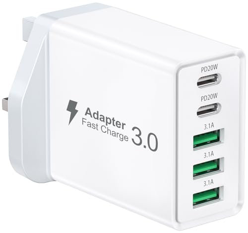 USB C Plug, 50W 5-Port Fast USB C Charger Plug Adaptor UK, Dual Port PD Power Adapter + QC Wall Charger, USB Type C Charging Plug Hub for iPhone 16 15 14 13 12 Pro Max XS XR SE, Samsung, iPad, AirPods