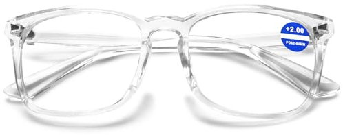 ABETOS Gafas de lectura para mujer, grandes y hombres, filtro de luz azul, bisagras de resorte, moda para leer, gafas de ordenador, rectangulares, nerd gafas de lectura, Transparente 2.0