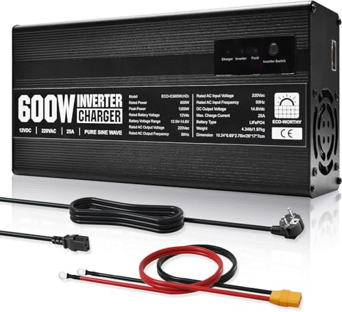 ECO-WORTHY 14,6V 25A LiFePO4 Ladegerät mit 600W Wechselrichter 12V auf 230V, Netzvorrangschaltung und USV Funktion, für LiFePO4 Deep Cycle Batterie, KFZ, LKW, PKW