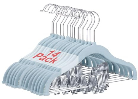 Wellong Baby Clothes Hangers with Clips, 14 Packs Kids Velvet Clothes Hangers, Heavy-Duty Childrens Hangers, Storage Organizer Clothing Hangers for Shirts, Pants, Skirts, Dresses, Jackets, Coat Blue