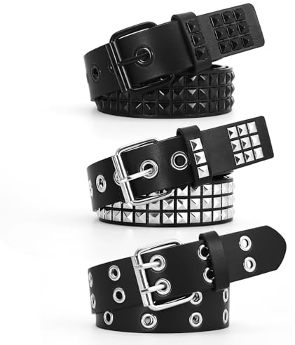 SNCEAW 3 Pcs Studded Belt Y2K Metal Goth Punk Rock Rivet Belt with Bright Pyramid Studded for Women Men (Silver+Black+Double Holes, Fit Pant 31-36 inch)