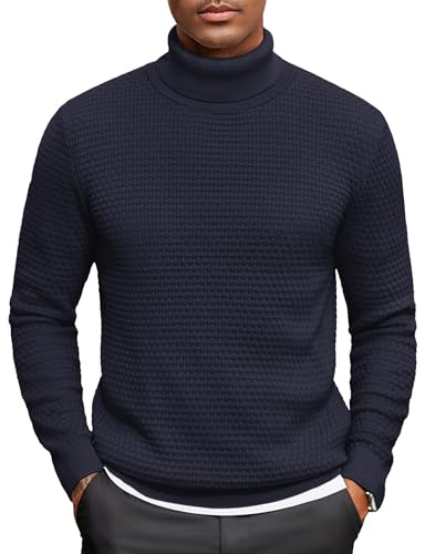 COOFANDY Pull à Col Roulé pour Homme Sweater Tricoté d'hiver Pull-Chemise à Col Roulé en Maille Fine Pulli Bleu Marine L