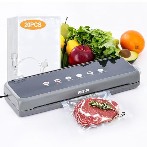 Mieja Food Vacuum Sealer Machine, 5-in-1 Dry & Moist Modes Automatic One-Touch Sealer with Built-in Cutter, External Hose for Jars, 20 BPA-Free Bags, Compact for Sous Vide, Meal Prep & Freezer Storage
