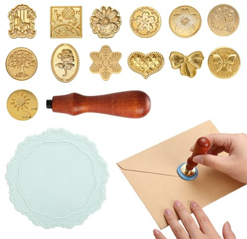 Personalised Wax Seal Stamp Kit, 13 Different Wax Stamp Seal Kit with Removable Wooden Handle, Letter Stamps with Blue Pads, wWax Stamps Seals for Envelopes Invitations Gift Packing Cards Making