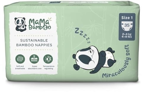 Mama Bamboo Soft Newborn Eco Sustainable Nappies (Size 1) - Chlorine-Free Hypoallergenic (35 pcs per pack)