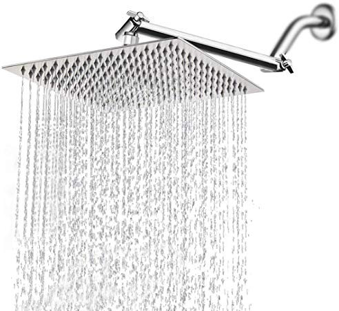 HarJue High Pressure Large Stainless Steel Square Rain ShowerHead With Shower Arm Waterfall Full Body Coverage Easy to Clean and Install (12 Inch With Arm, Chrome Finish)