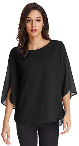 Damen Langarm Chiffon Tops Rundhals Lange Ärmel Oberteile Langarmshirt Casual Tshirt L Schwarz CLAF15-3