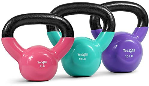 Yes4All Kettlebell, Vinyl Coated Cast Iron Kettlebell Sets 5, 10 & 15lbs for Weights Exercises, Full Body Workout, Push Up, Grip Strength & Strength Training - Multicolor