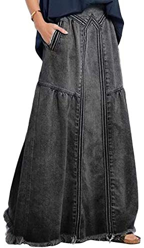 ebossy Women's Casual Elastic Waist Frayed Hem A-Line Distressed Hippie Long Maxi Denim Skirt - Grey - X-Large