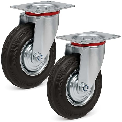 Wiltec Kit de 2 Roulettes pivotantes en caoutchouc plein – Ø 100 mm – Capacité de charge 75 kg – Roue avec Jante en métal et Plaque de montage – Transport Appareil Accessoire Meuble