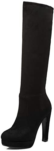 Bviennic Mujer Elegante Plataforma Tacón Alto Warm Vestido Botas Largas Noche Punta Redonda Moda Tacón Ancho Botas De Montar Negro Talla 38 EU-39Cn