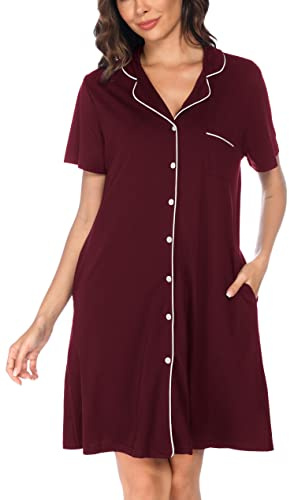 Vlazom Women's Nightgown Turning Collar med knappar Kort -stora nattklänning med bröstficka (M, Wine Red)