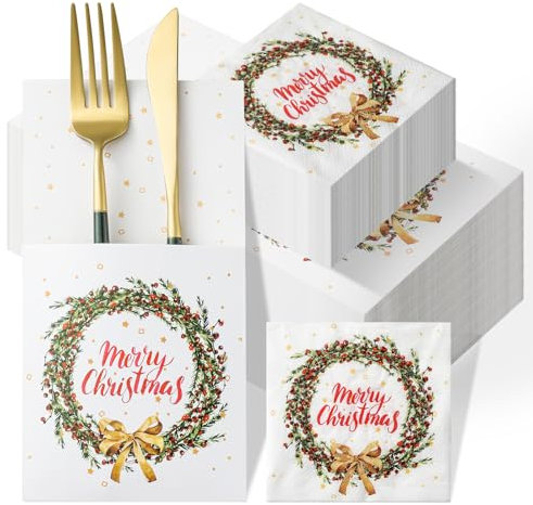 Zhanmai 150 Christmas Cocktail Napkins with Cutlery Holders Set Christmas Paper Napkins with Pocket Napkins Disposable Dinner Napkins for Xmas Party Silverware Supplies (WOO-Zhanmai-513)
