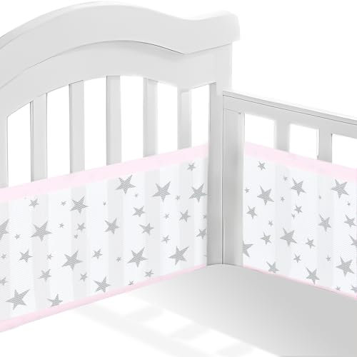 Sour Lemon Baby Nestchen Bettumrandung 2 PCS Bettumrandung Babybett Babybett Leitplanke 3D Mesh Futter, Atmungsaktive Krippenumrandung für Cot Bed, Baby Crib Encloses Anti Airflow (Rosa Stern)