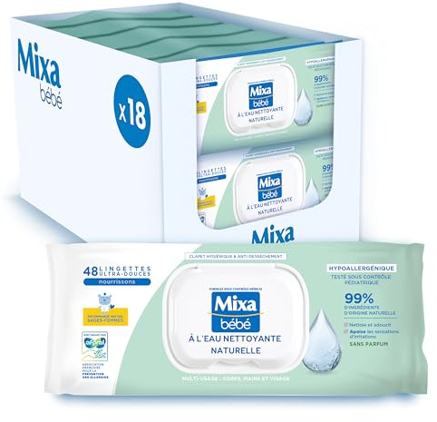 Mixa Natural Water Cleansing Baby Feuchttücher, 18 x 48 Tücher