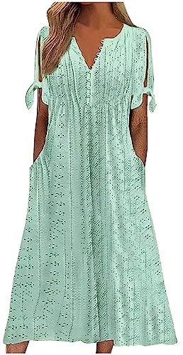 Vestido de encaje con ojales para mujer, con botones, cuello en V, abertura en V, manga corta, casual, con nudo, mangas fluidas, vestido de verano a media pierna, verde, L