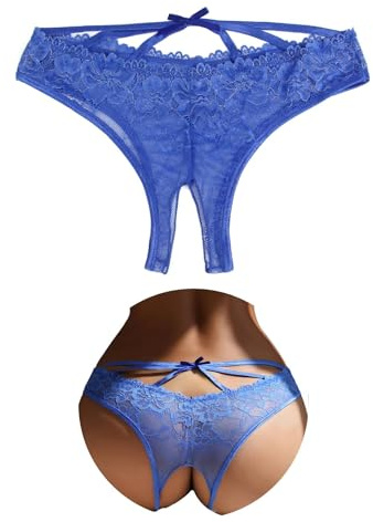 comeondear Tangas Sexy Mujer Abierto Tanga de Encaje Talla Grande Bragas Brasileñas Tanga Abierta Sin Entrepierna Thong Transparente String Ouvert Cintura Baja Divertida Underwear Sexy Lazo Azul,L