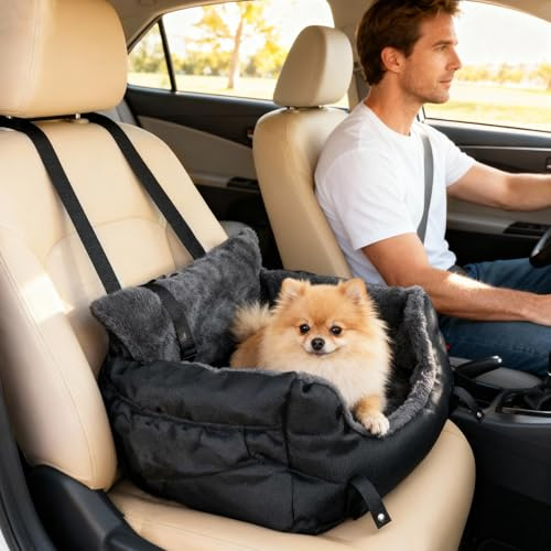 PawHut Dog Car Seat for Small Dogs, Dog Booster Car Seat with Fixed Buckle, Safety Leash, Washable Cover, Thickened Small Pets Travel Carrier Bed, 58 x 45 x 28 cm, Black