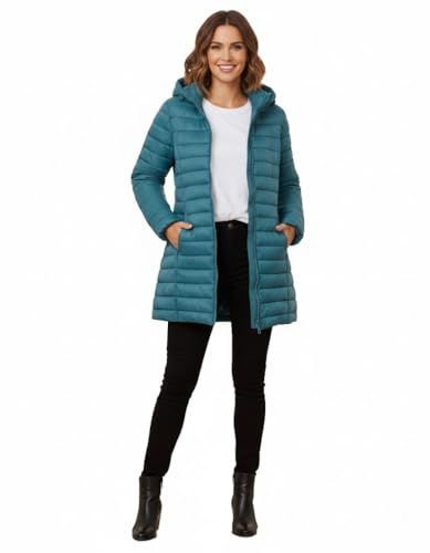 kraftd Womens Winter Lightweight Puffer Jacket Quilted Padded Down Coat With Detachable Hood Central Zip Best for Autumn Winter, Outdoors & Travelling (Teal, 20)