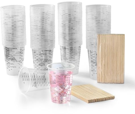 120pcs 8oz Graduated Clear Plastic Resin Epoxy Paint Measuring Cups with 120pcs Wooden Stirring Sticks for Mixing Paint, Pigments, Epoxy Resins, Resins