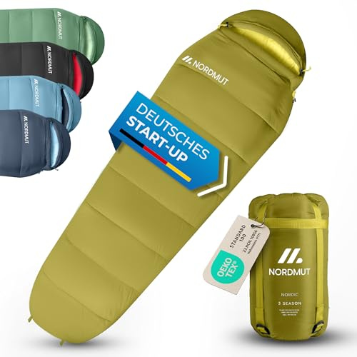 NORDMUT® Sacco a Pelo per Adulti Mummia–Dimensioni di Trasporto Ridotte & Ultra Leggero (900/1500 g)–3 Stagioni (250 GSM) & Estivo(100 GSM) (Ocra/Sacco a pelo 3 stagioni)