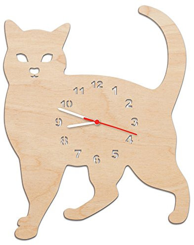 GRAVURZEILE Kinder Wanduhr aus Holz im Katzen Design für Mädchen & Jungen Kein Ticken Lautloses Uhrwerk 30 cm Groß in 5 Farben erhältlich Made in Germany Farbe Natur