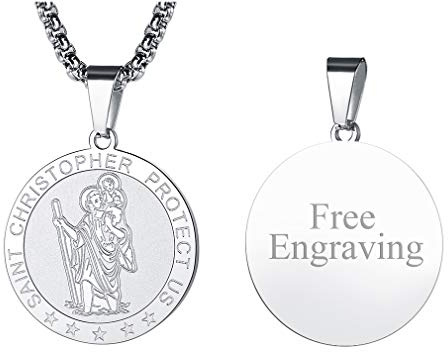 FaithHeart Personalised St Christopher Necklace for Boys Catholic Jewelry Engraved Saint Christopher Pendant Christening Necklaces for Babies Silver Coin Jewellery - Stainless Steel