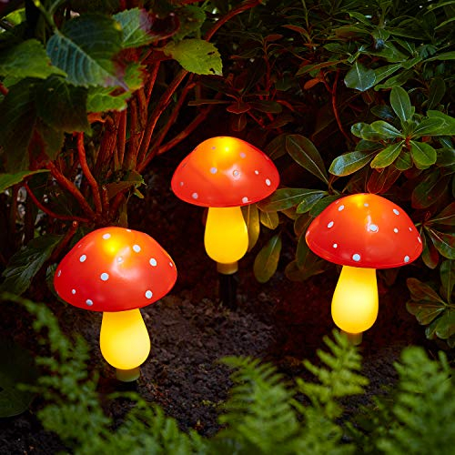 Lights4fun 3er LED Solarleuchte Pilze Solar Lichterkette Fliegenpilze warmweiß