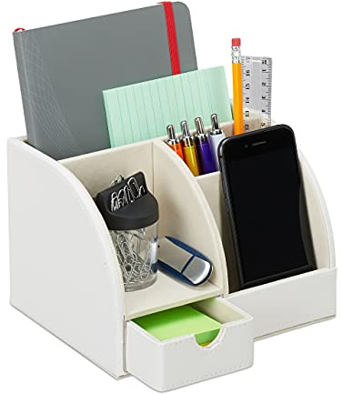 relaxdays Portaoggetti da Scrivania, Similpelle, Organizer Ufficio & Studio, 4 Scomparti, Portapenne,13x19x15 cm, Bianco