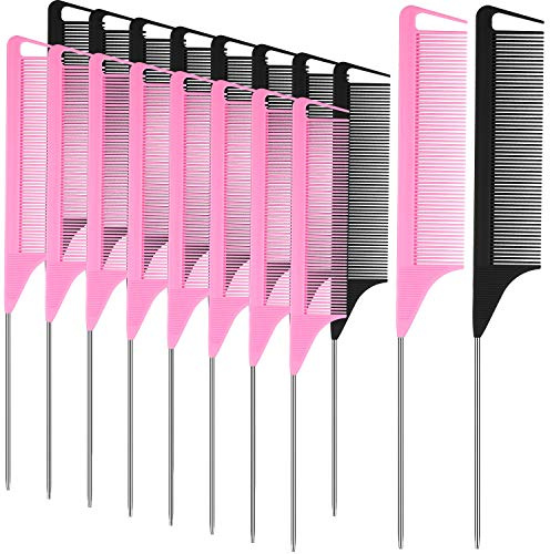 Patelai 18 Pcs Rat Tail Combs Parting Rattail Teasing Fine Tooth Comb with Metal Pintail Heat Resistant Detangling Combs for Women Braiding Curly Hair Styling Hair(Black，pink)