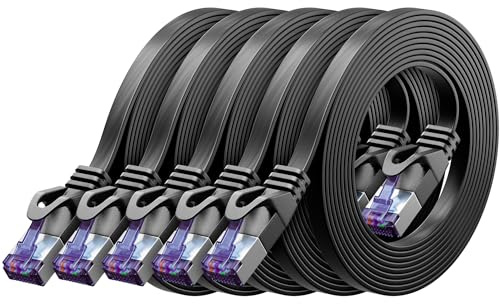 deleyCON 5x 0,5m Flaches CAT7 Netzwerkkabel (CAT 7 mit 10 Gbit/s) Gigabit LAN - RJ45 Ethernet Kurzes Patchkabel Flach - für Internet Switch Router Modem Patchpanel - Schwarz
