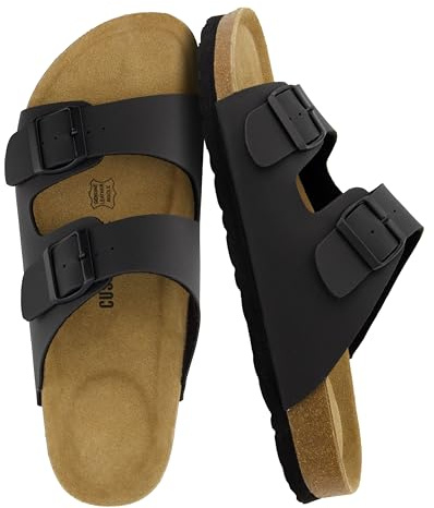 CUSHIONAIRE Lane-sandaler för herr med fotbädd i kork, justerbart spänne, sköna sandaler för män, äkta läderinnersula, sommarsandaler, Svart Nubuck, 12