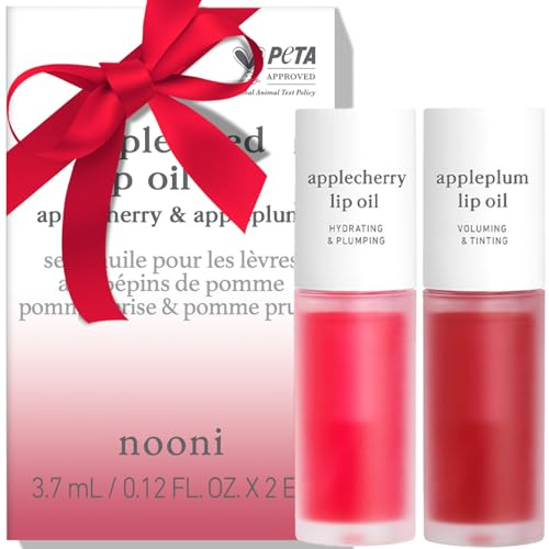 NOONI Korean Vegan Lip Oil - Applecherry & Appleplum | Lip Stain, Gift, Long-Lasting, Moisturising, Plumping, Revitalising for Dry Lips, Waterproof, No Peel Off, 0.12 Fl Oz