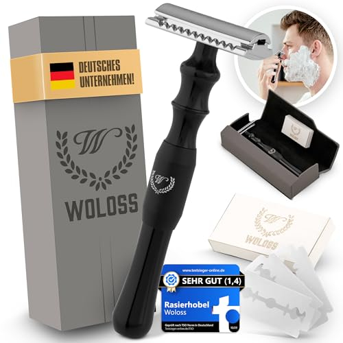 WOLOSS Rasierhobel Herren Set Schwarz inkl. Öko-Lederetui und 10 Klingen,One Blade, Edelstahlrasierer für Nassrasur, Eco - Metall, Nassrasierer mit langer Griff für Handrasur und Rasierhobel Etui